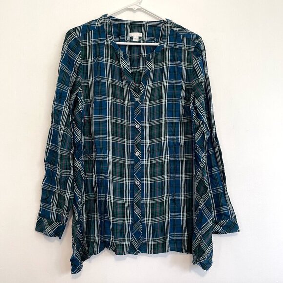 J. JILL Plaid Dipped Hem Button Up Tunic Blue Green Lightweight Button Down S - Picture 2 of 16